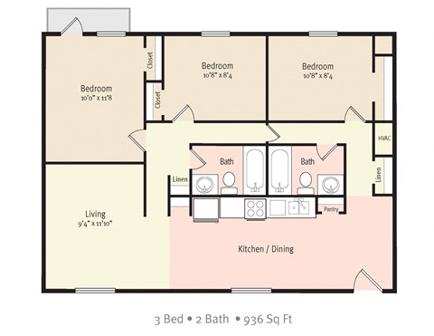 Floor plan for 3 beds, 2 baths, 936 sqft